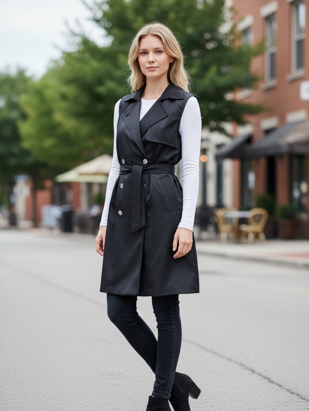 White House Black Market Black Sleeveless Belted Trench Vest